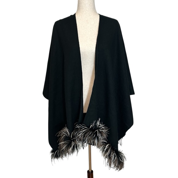No Label Sweaters - Black Wool Shawl with Ostrich Feathers and Fringe - One Size